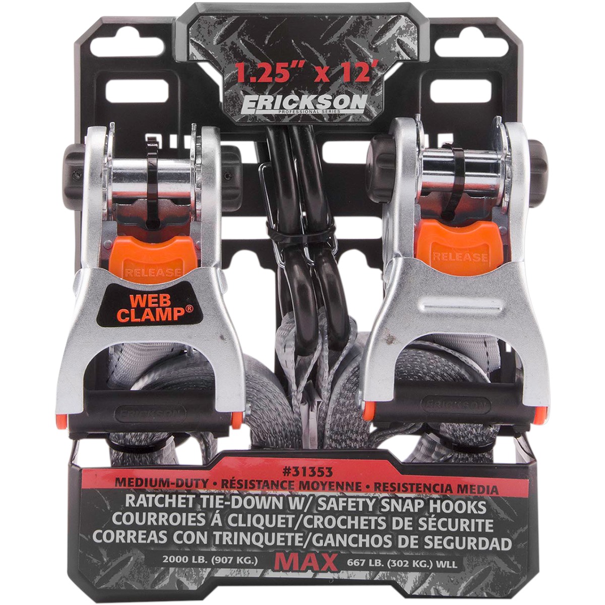 Erickson Ratchet Tie-downs with Web Clamps and Safety Hooks